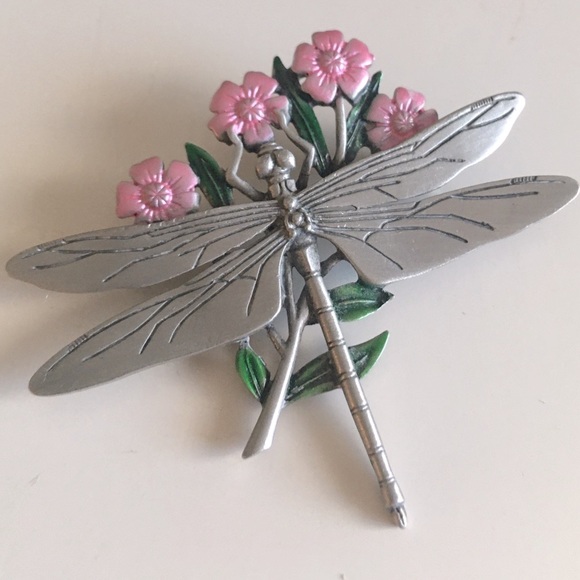 JJ JONETTE JONES Vintage Pewter Dragonfly Pink Flowers Pin Brooch - Picture 3 of 7